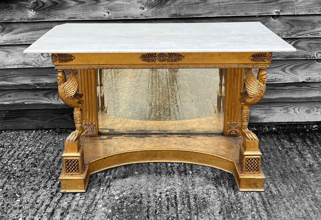 20TH CENTURY FRENCH ORNATE GILT MIRRORED & MARBLE TOPPED CONSOLE TABLE, c1940