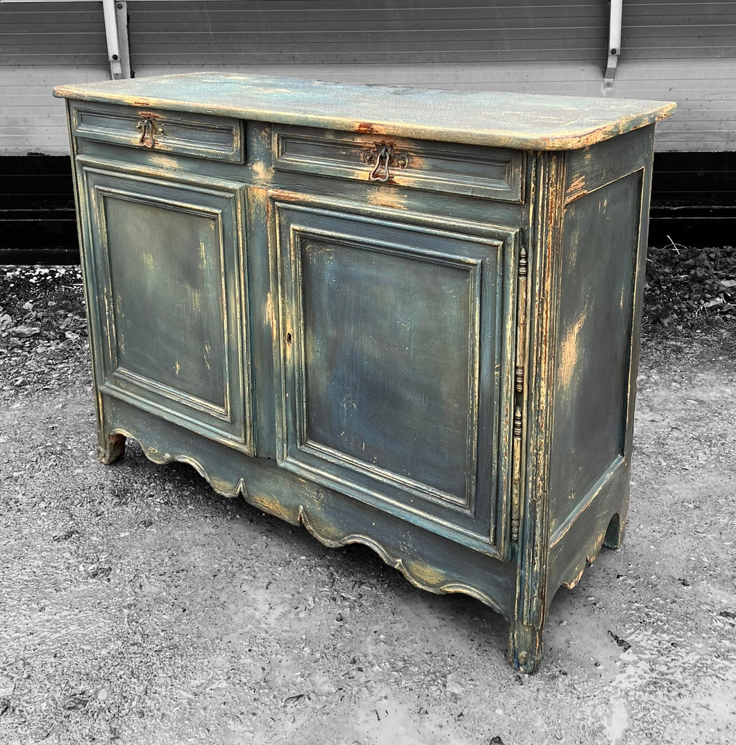 ANTIQUE 19th CENTURY FRENCH ORNATE PAINTED OAK BUFFET CUPBOARD, c1900