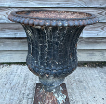 Load image into Gallery viewer, ANTIQUE LARGE 19TH CENTURY FRENCH ORNATE ORIGINAL PAINTED PATINA CAST IRON URN, C1900
