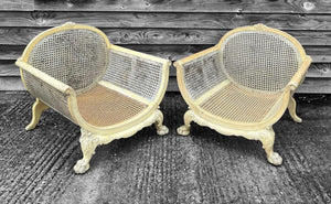 MID 20TH CENTURY FRENCH PAIR OF ORNATE CANED UPHOLSTERED LOW BERGERE CHAIRS, C1940