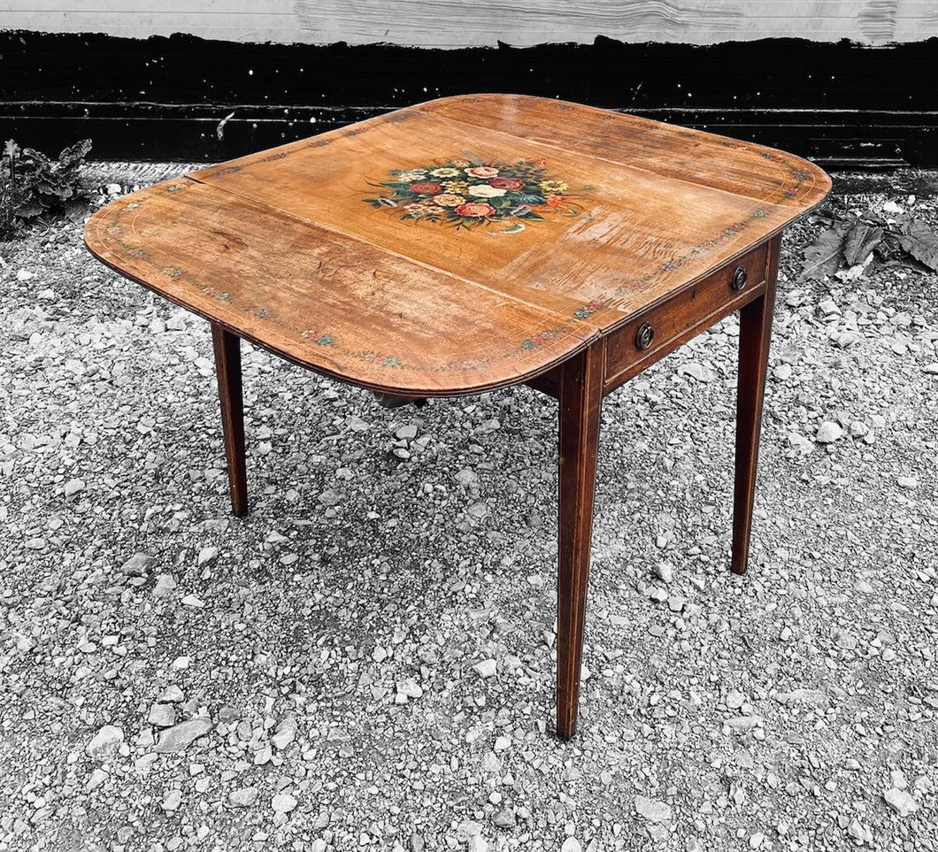 ANTIQUE 19TH CENTURY FRENCH MAHOGANY & HAND PAINTED DROP LEAF TABLE, c1900