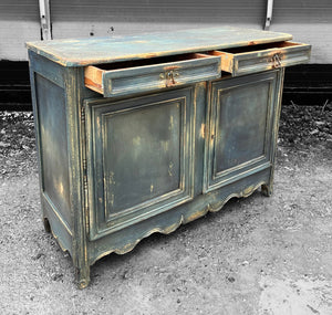 ANTIQUE 19th CENTURY FRENCH ORNATE PAINTED OAK BUFFET CUPBOARD, c1900