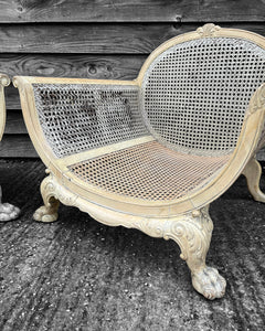 MID 20TH CENTURY FRENCH PAIR OF ORNATE CANED UPHOLSTERED LOW BERGERE CHAIRS, C1940