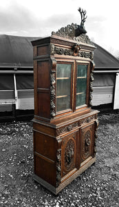 ANTIQUE 19th CENTURY FRENCH ORNATE CARVED OAK & GLAZED DRESSER, c1900