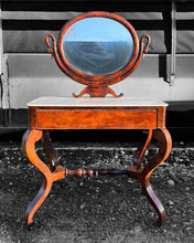 Load image into Gallery viewer, ANTIQUE 19th CENTURY FRENCH ORNATE FLAMED MAHOGANY &amp; MARBLE TOPPED DRESSING TABLE, c1900
