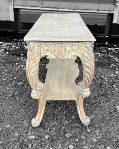 ANTIQUE 20TH CENTURY FRENCH ORNATE CARVED LIMED OAK CONSOLE TABLE, C1920