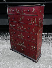 Load image into Gallery viewer, ANTIQUE 19th CENTURY ORNATE RED CHINOISERIE TALL CHEST OF DRAWERS, c1900
