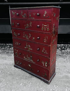 ANTIQUE 19th CENTURY ORNATE RED CHINOISERIE TALL CHEST OF DRAWERS, c1900