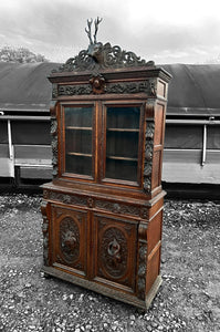 ANTIQUE 19th CENTURY FRENCH ORNATE CARVED OAK & GLAZED DRESSER, c1900