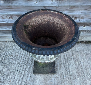 LARGE ANTIQUE 19TH CENTURY FRENCH ORNATE ORIGINAL PAINTED PATINA CAST IRON URN, C1900