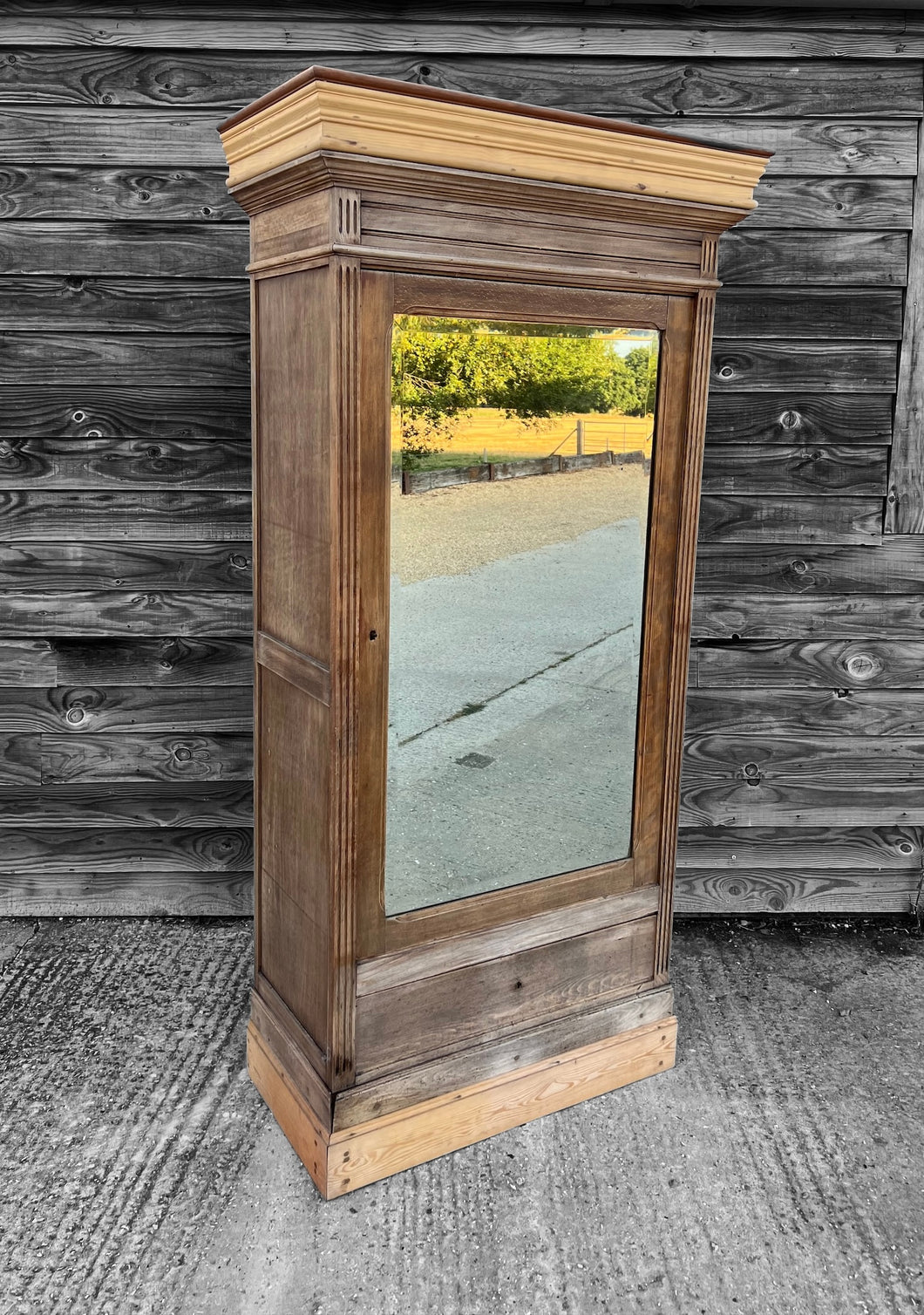 19th CENTURY FRENCH RUSTIC WEATHERED PINE MIRRORED SINGLE ARMOIRE, c1900