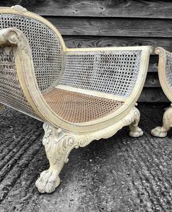 MID 20TH CENTURY FRENCH PAIR OF ORNATE CANED UPHOLSTERED LOW BERGERE CHAIRS, C1940