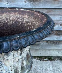 LARGE ANTIQUE 19TH CENTURY FRENCH ORNATE ORIGINAL PAINTED PATINA CAST IRON URN, C1900