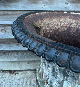 LARGE ANTIQUE 19TH CENTURY FRENCH ORNATE ORIGINAL PAINTED PATINA CAST IRON URN, C1900