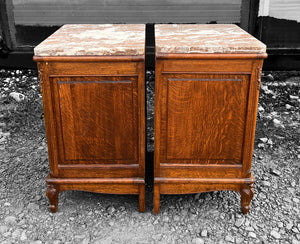 ANTIQUE 20th CENTURY FRENCH PAIR OF ORNATE OAK & MARBLE TOPPED BEDSIDE TABLES, c1920