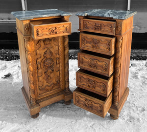 ANTIQUE 19TH CENTURY FRENCH PAIR OF ORNATE CARVED OAK & MARBLE TOPPED BEDSIDE TABLES, c1900