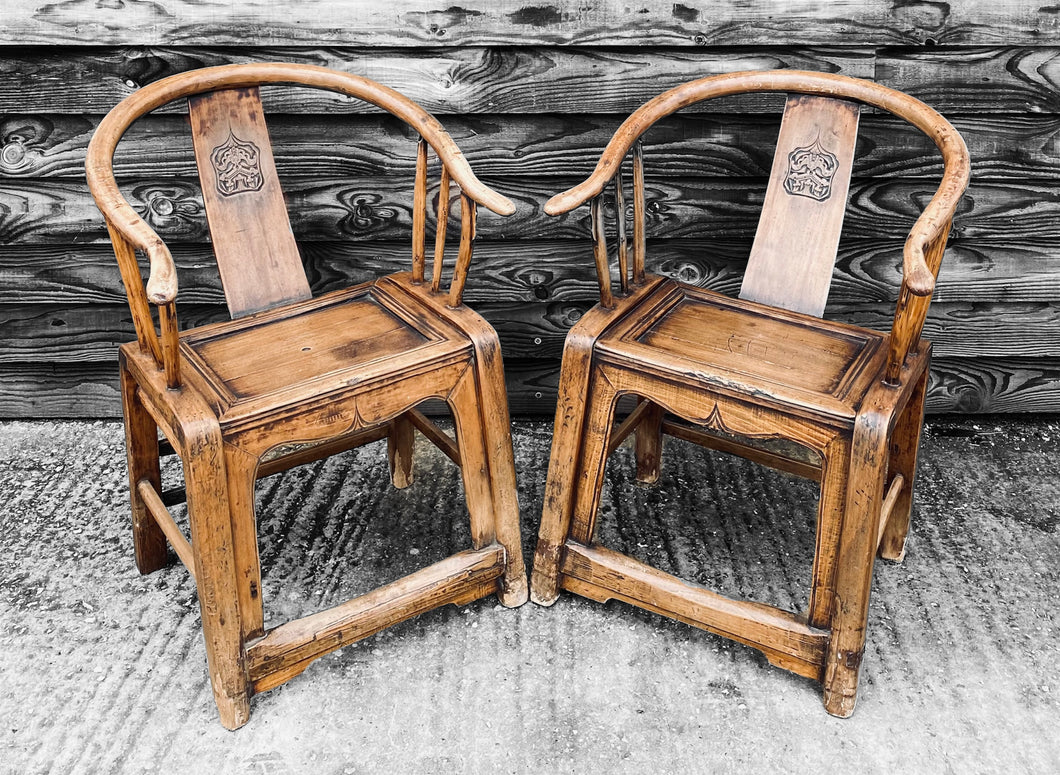 ANTIQUE 19TH CENTURY CHINESE PAIR OF MING STYLE HORSESHOE CHAIRS, c1900
