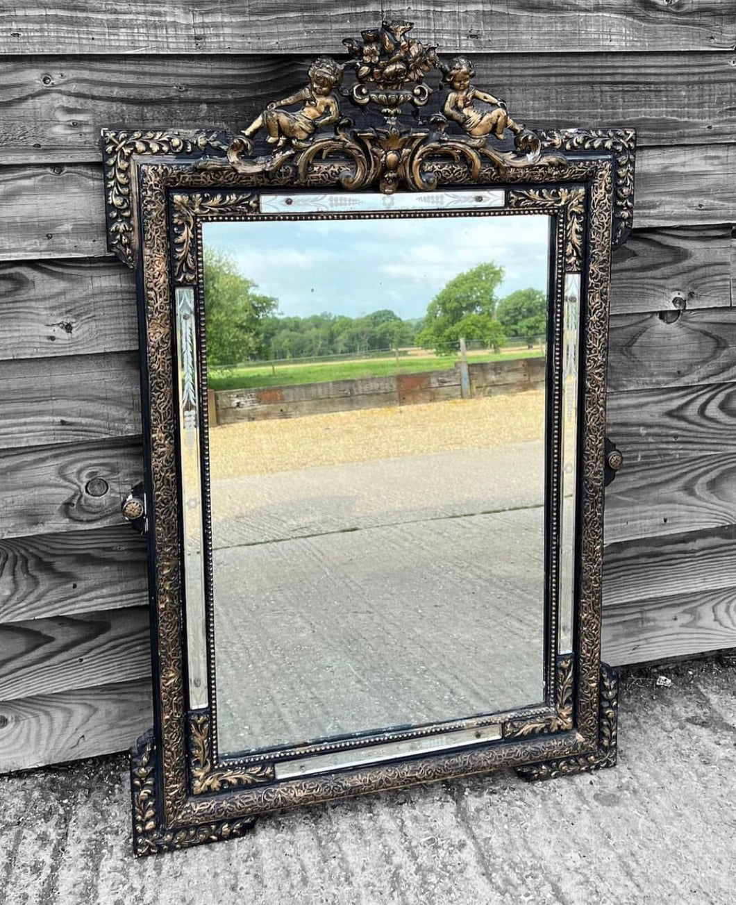 ANTIQUE 19TH CENTURY FRENCH ORNATE BLACK & GILT OVERMANTLE WALL MIRROR, C1900