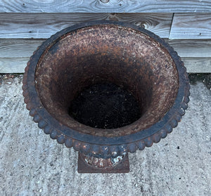 ANTIQUE LARGE 19TH CENTURY FRENCH ORNATE ORIGINAL PAINTED PATINA CAST IRON URN, C1900