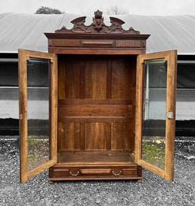 ANTIQUE 19th CENTURY FRENCH ORNATE OAK DOUBLE ARMOIRE / VITRINE, c1900