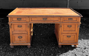 LARGE ANTIQUE 19TH CENTURY FRENCH ORNATE RUSTIC PINE & LEATHER TOPPED DESK, C1900