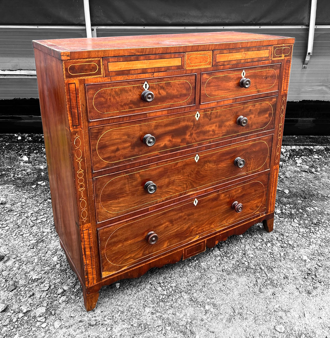 ANTIQUE 19th CENTURY ENGLISH FLAMED MAHOGANY & INLAID CHEST OF DRAWERS, c1900