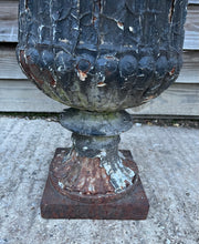 Load image into Gallery viewer, ANTIQUE LARGE 19TH CENTURY FRENCH ORNATE ORIGINAL PAINTED PATINA CAST IRON URN, C1900
