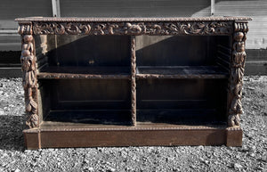 LARGE ANTIQUE 19TH CENTURY FRENCH EBONISED ORNATE CARVED OAK OPEN BOOKCASE, C1880