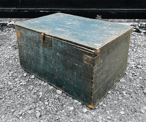 ANTIQUE 19TH CENTURY FRENCH PINE ORIGINAL BLUE PAINTED BLANKET BOX, C1900