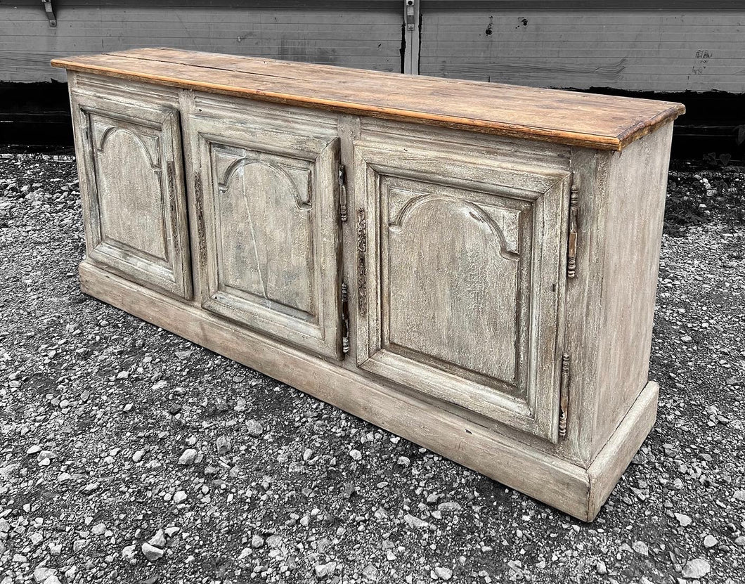 EARLY 20th CENTURY FRENCH ORNATE ORIGINAL PAINTED OAK 3 DOOR SIDEBOARD, c1930