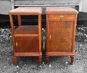 ANTIQUE 19TH CENTURY FRENCH PAIR OF MAHOGANY ORMOLU MOUNTED & MARBLE TOPPED BEDSIDE TABLES, c1900