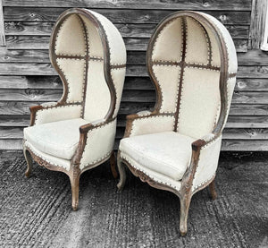20th CENTURY PAIR OF FRENCH STYLE LIMED OAK & UPHOLSTERED CANOPY CHAIRS