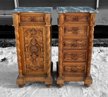 Load image into Gallery viewer, ANTIQUE 19TH CENTURY FRENCH PAIR OF ORNATE CARVED OAK &amp; MARBLE TOPPED BEDSIDE TABLES, c1900
