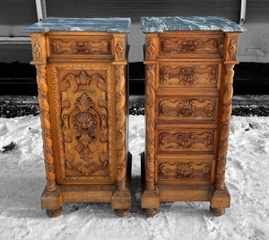 ANTIQUE 19TH CENTURY FRENCH PAIR OF ORNATE CARVED OAK & MARBLE TOPPED BEDSIDE TABLES, c1900