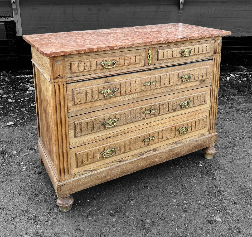 ANTIQUE 19th CENTURY FRENCH BLEACHED OAK & MARBLE TOPPED CHEST OF DRAWERS, c1900