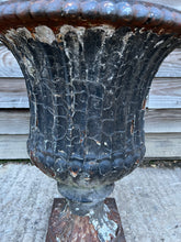 Load image into Gallery viewer, ANTIQUE LARGE 19TH CENTURY FRENCH ORNATE ORIGINAL PAINTED PATINA CAST IRON URN, C1900
