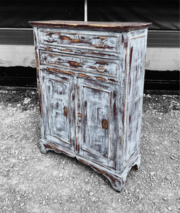 ANTIQUE 19TH CENTURY FRENCH BROCANTE RUSTIC PAINTED CUPBOARD, c1900