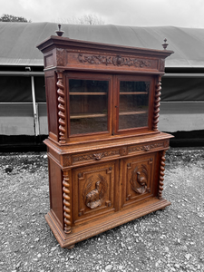 ANTIQUE 19th CENTURY FRENCH ORNATE CARVED OAK & GLAZED DRESSER, c1900