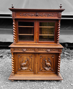 ANTIQUE 19th CENTURY FRENCH ORNATE CARVED OAK & GLAZED DRESSER, c1900