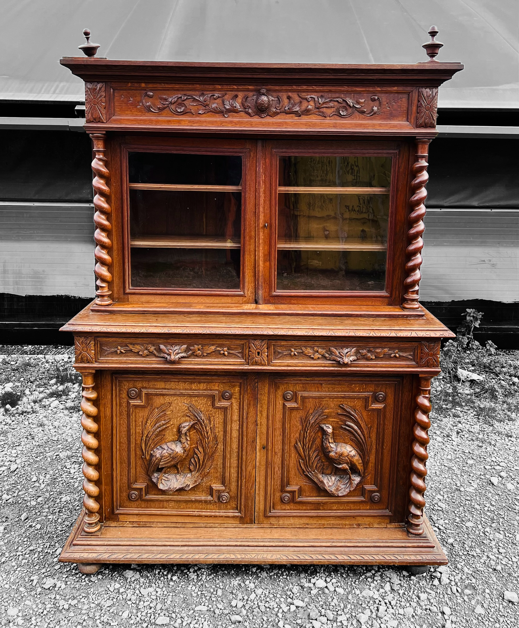 ANTIQUE 19th CENTURY FRENCH ORNATE CARVED OAK & GLAZED DRESSER, c1900