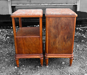 ANTIQUE 19TH CENTURY FRENCH PAIR OF MAHOGANY ORMOLU MOUNTED & MARBLE TOPPED BEDSIDE TABLES, c1900