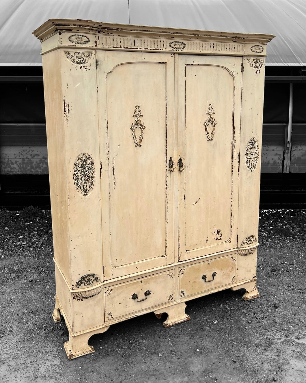 ANTIQUE 19th CENTURY FRENCH ORNATE PAINTED DOUBLE ARMOIRE WARDROBE, c1900