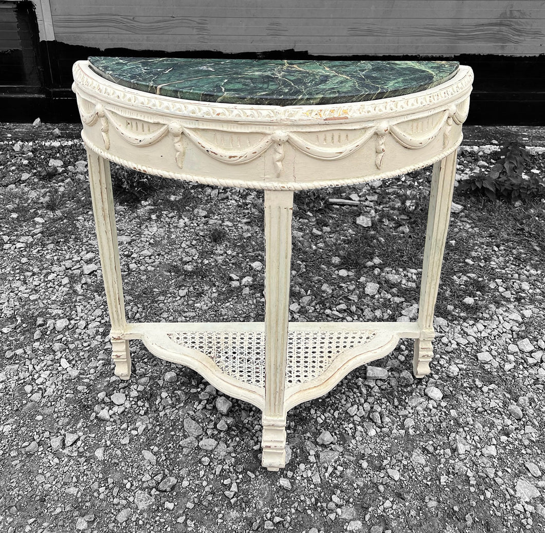20TH CENTURY FRENCH ORNATE MARBLE TOPPED DEMI LUNE CONSOLE TABLE, C1940