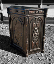 Load image into Gallery viewer, ANTIQUE 19TH CENTURY FRENCH ORNATE EBONISED OAK SIDEBOARD CUPBOARD, C1900
