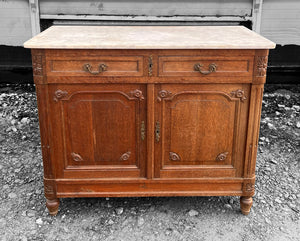 ANTIQUE 19th CENTURY FRENCH ORNATE OAK & MARBLE TOPPED CUPBOARD, c1900