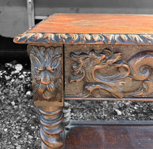 Load image into Gallery viewer, ANTIQUE 19TH CENTURY FRENCH ORNATE CARVED OAK GREEN MAN HALL TABLE, C1900
