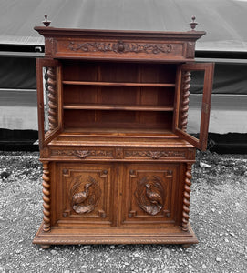 ANTIQUE 19th CENTURY FRENCH ORNATE CARVED OAK & GLAZED DRESSER, c1900