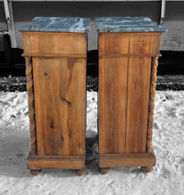 Load image into Gallery viewer, ANTIQUE 19TH CENTURY FRENCH PAIR OF ORNATE CARVED OAK &amp; MARBLE TOPPED BEDSIDE TABLES, c1900
