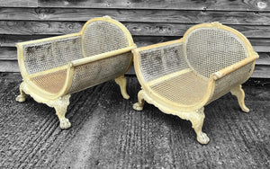 MID 20TH CENTURY FRENCH PAIR OF ORNATE CANED UPHOLSTERED LOW BERGERE CHAIRS, C1940