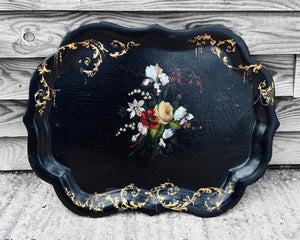 ANTIQUE 20TH CENTURY FRENCH HAND PAINTED PAPER MACHE TRAY, c1920